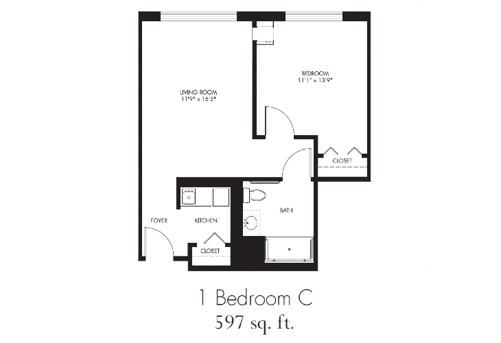Floor plan for a 1-bedroom apartment measuring 597 sq. ft.