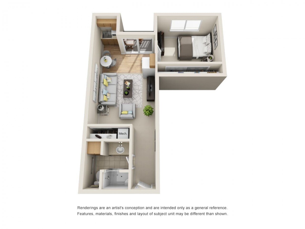 A 3D rendered floor plan of a one-bedroom apartment, showcasing the layout and interior design.