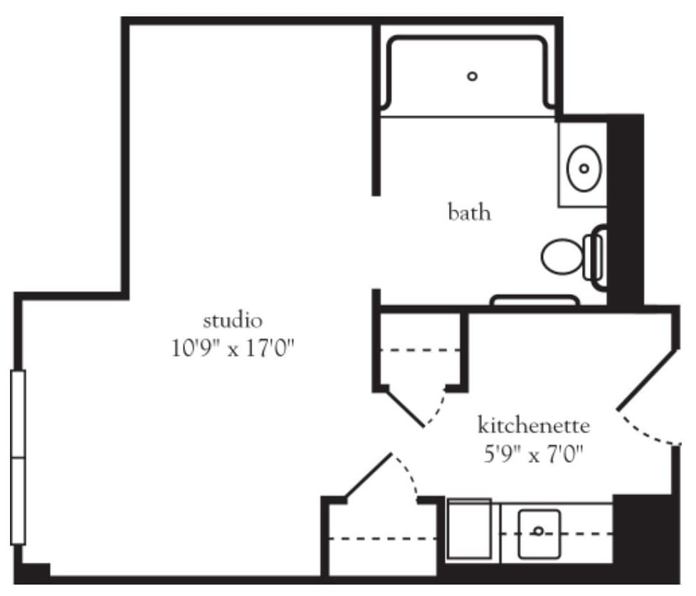 Studio apartment floor plan with bathroom and kitchen.