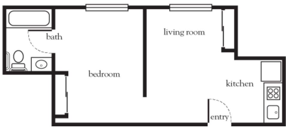 Simple floor plan showing a bedroom and living room layout.