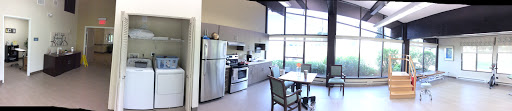 A modern kitchen featuring stainless steel appliances, a dining table, and large windows for natural light.