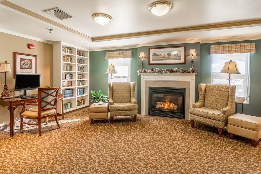 A cozy living room with armchairs and a fireplace, surrounded by bookshelves.