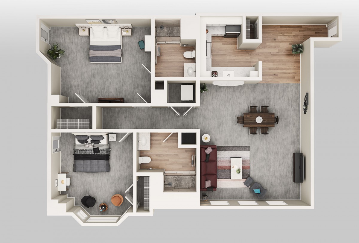 A detailed floor plan of a modern apartment with various rooms and furnishings depicted.