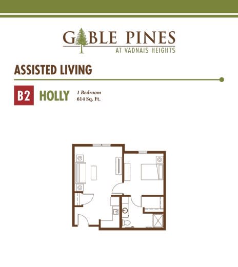 Floor plan for a 1-bedroom assisted living apartment at Gable Pines.
