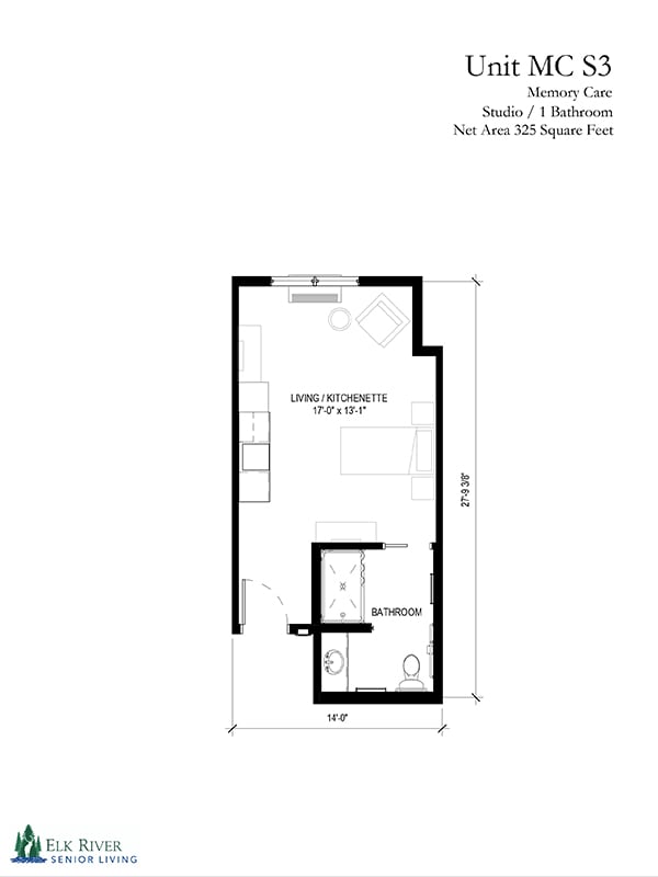 Architectural floor plan of a small apartment with labeled room dimensions.