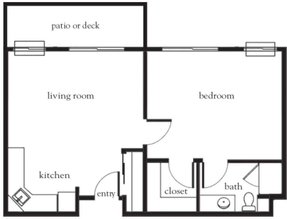 A simple floor plan of a one-bedroom apartment layout.
