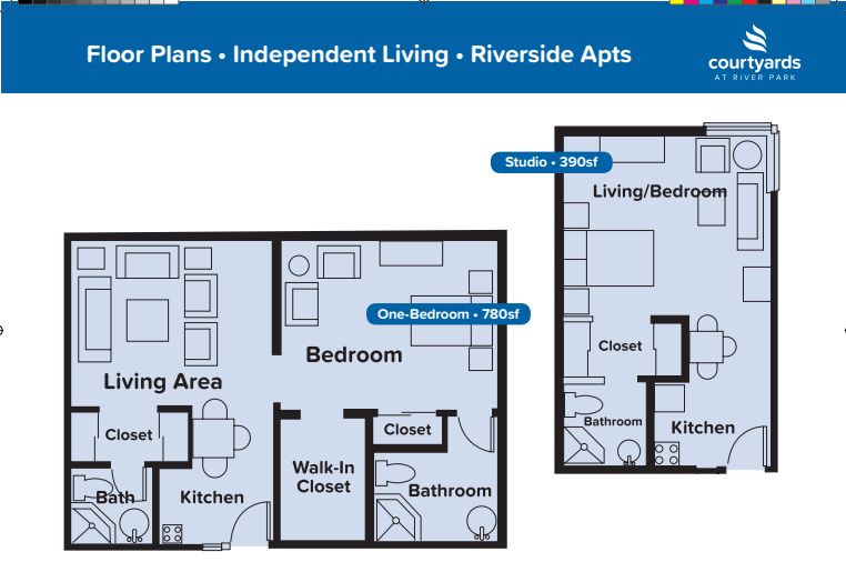 Floor plans for independent living at Riverside Apartments, showing layouts for a studio and a one-bedroom unit.