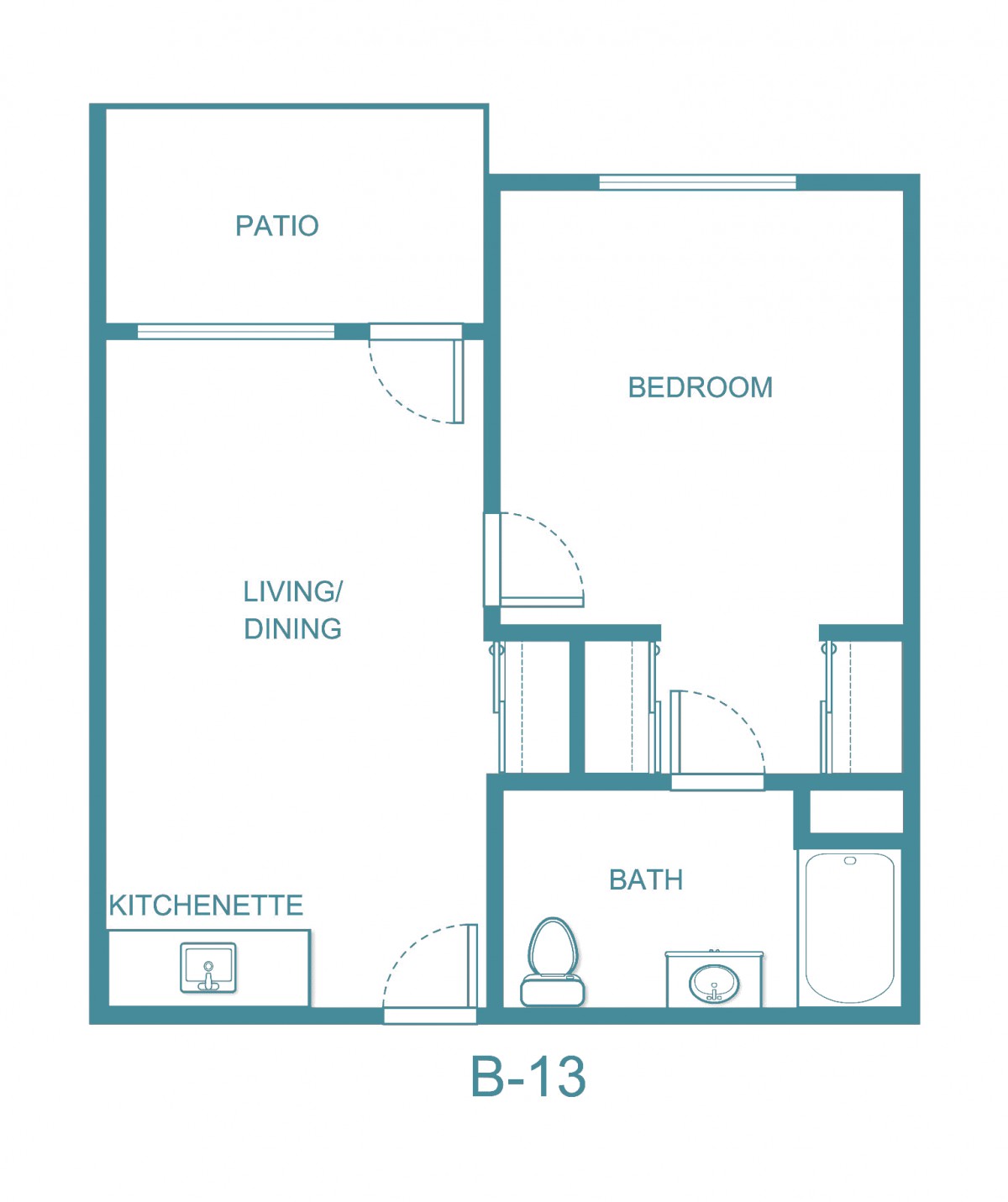A blueprint of an apartment showing a patio, living/dining area, kitchenette, bedroom, and bath.