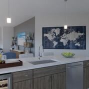 A modern kitchen with a sleek countertop and world map wall art.
