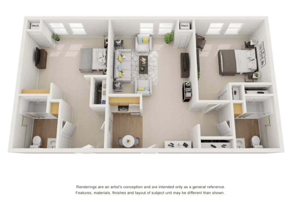 A 3D rendered floor plan showcasing the layout of a modern apartment with two bedrooms, a living room, kitchen, and bathroom.