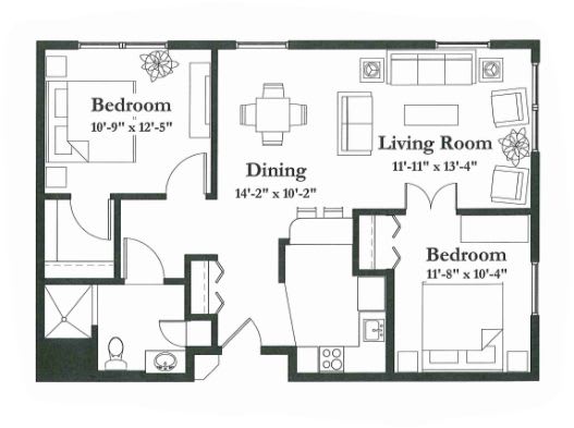A floor plan of a two-bedroom apartment featuring a living room, dining area, kitchen, and bathroom.