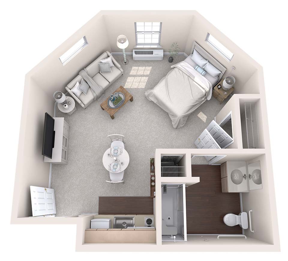A 3D floor plan of a small studio apartment featuring a bedroom area, living space, kitchen, and bathroom.