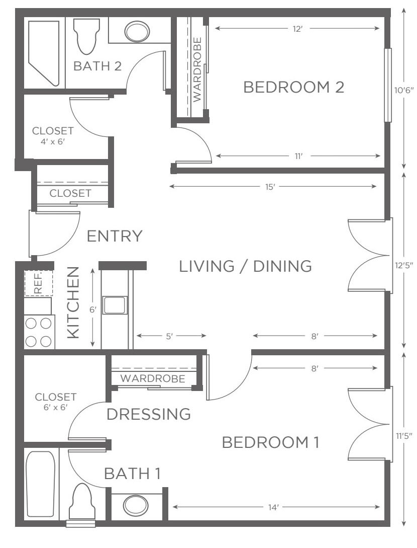 Architectural blueprint of a two-bedroom apartment with living/dining area, kitchen, and two bathrooms.
