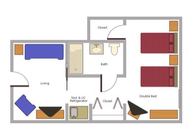 A floor plan of an apartment showing bedrooms, a bathroom, and a living area.