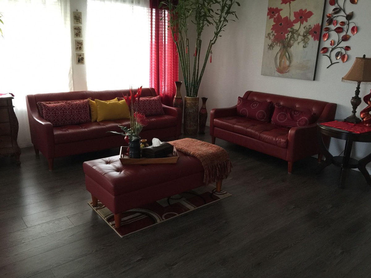 A cozy living room with red sofas, a coffee table, and decorative elements.