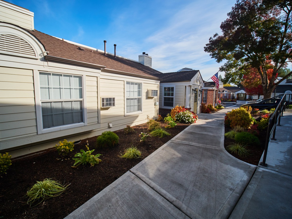 A suburban house with a landscaped front yard and a concrete sidewalk on a sunny day.