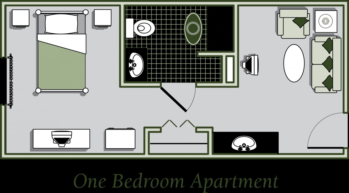 Floor plan of a one-bedroom apartment with labeled spaces.