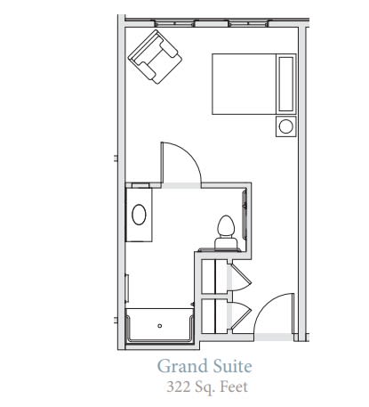Floor plan of a Grand Suite, featuring a bedroom and bathroom.