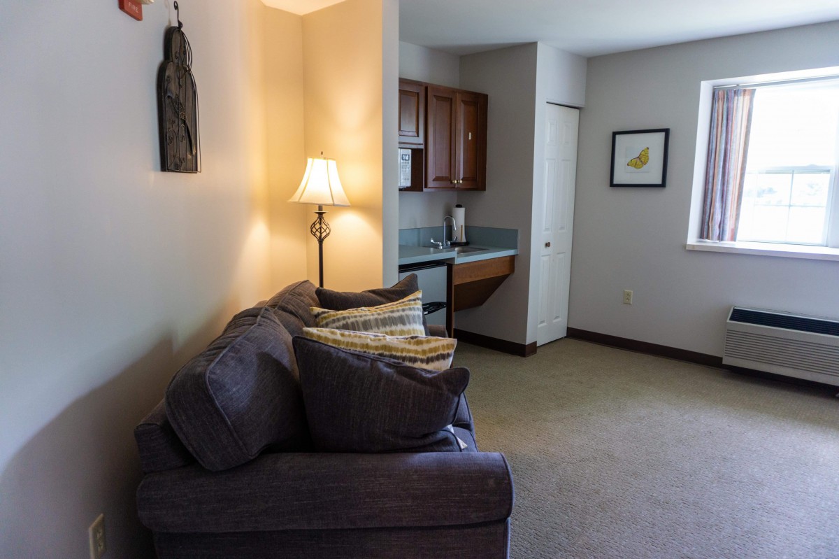 A cozy living room with a couch facing a small kitchenette area.