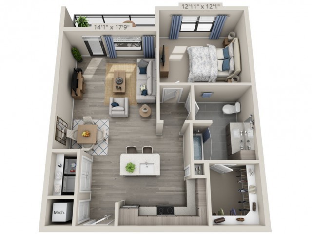 A detailed floor plan of a 1-bedroom apartment, showcasing the living room, kitchen, and bathroom layout.