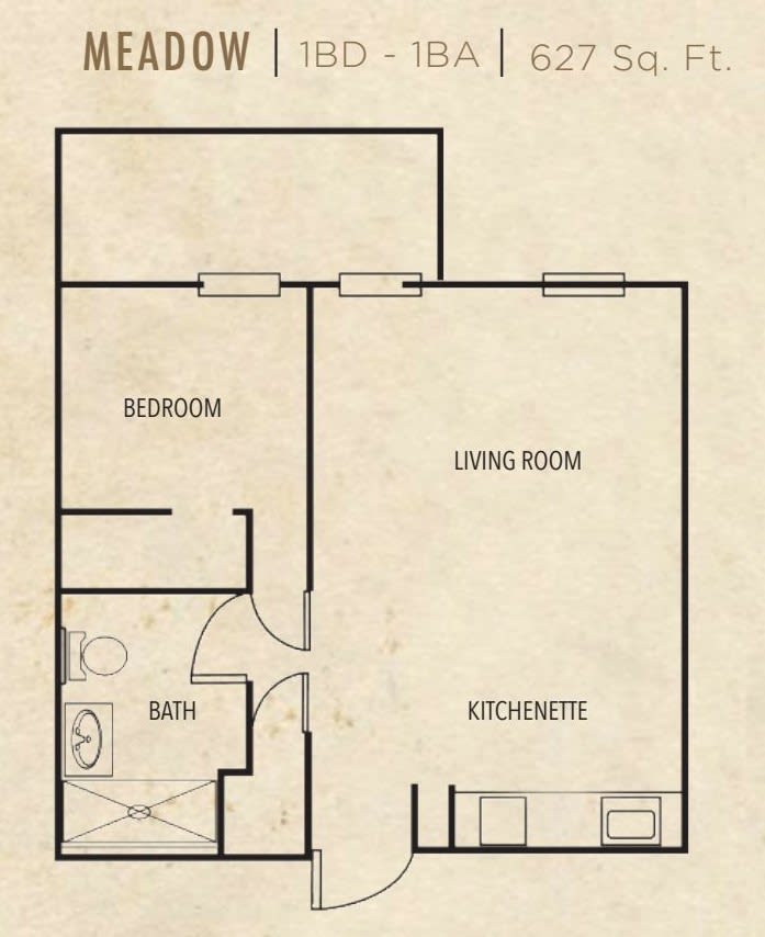 A floor plan of a one-bedroom apartment with a living room, kitchenette, and bathroom.