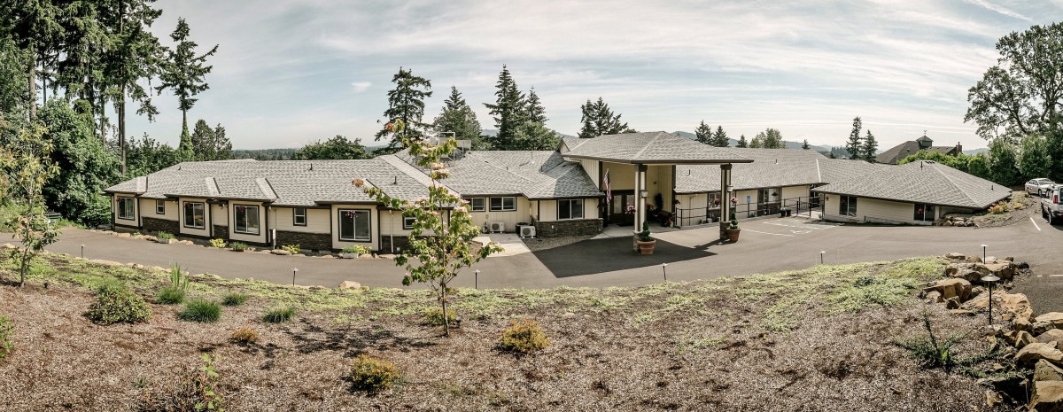 A large residential house with a driveway and surrounding trees.