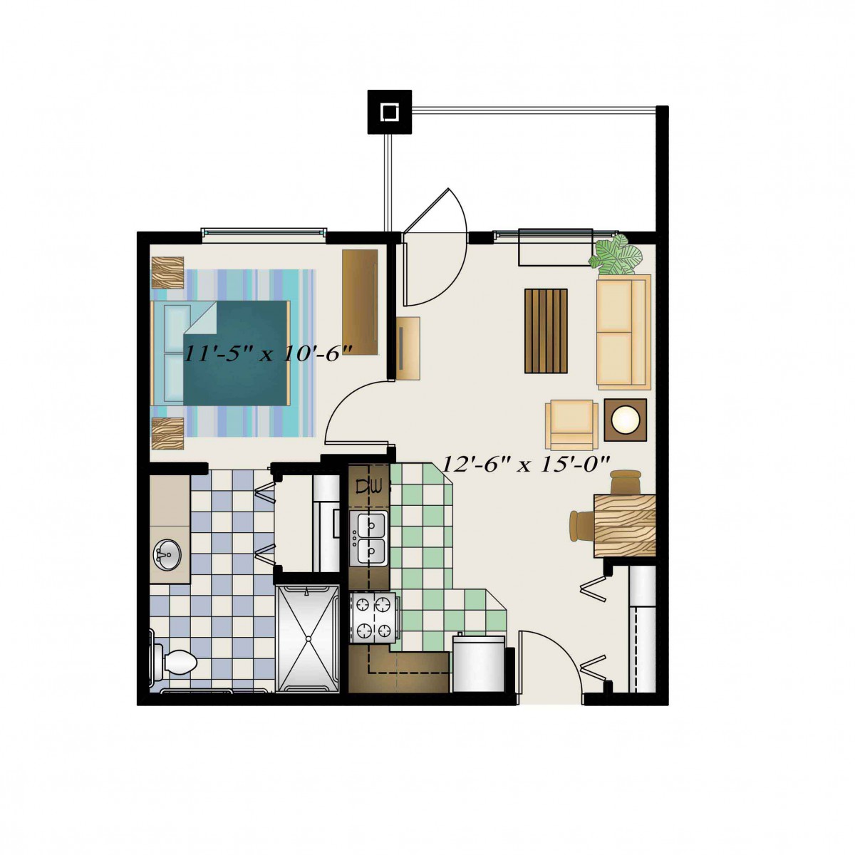 A one-bedroom apartment floor plan featuring a living area, kitchen, and bathroom.