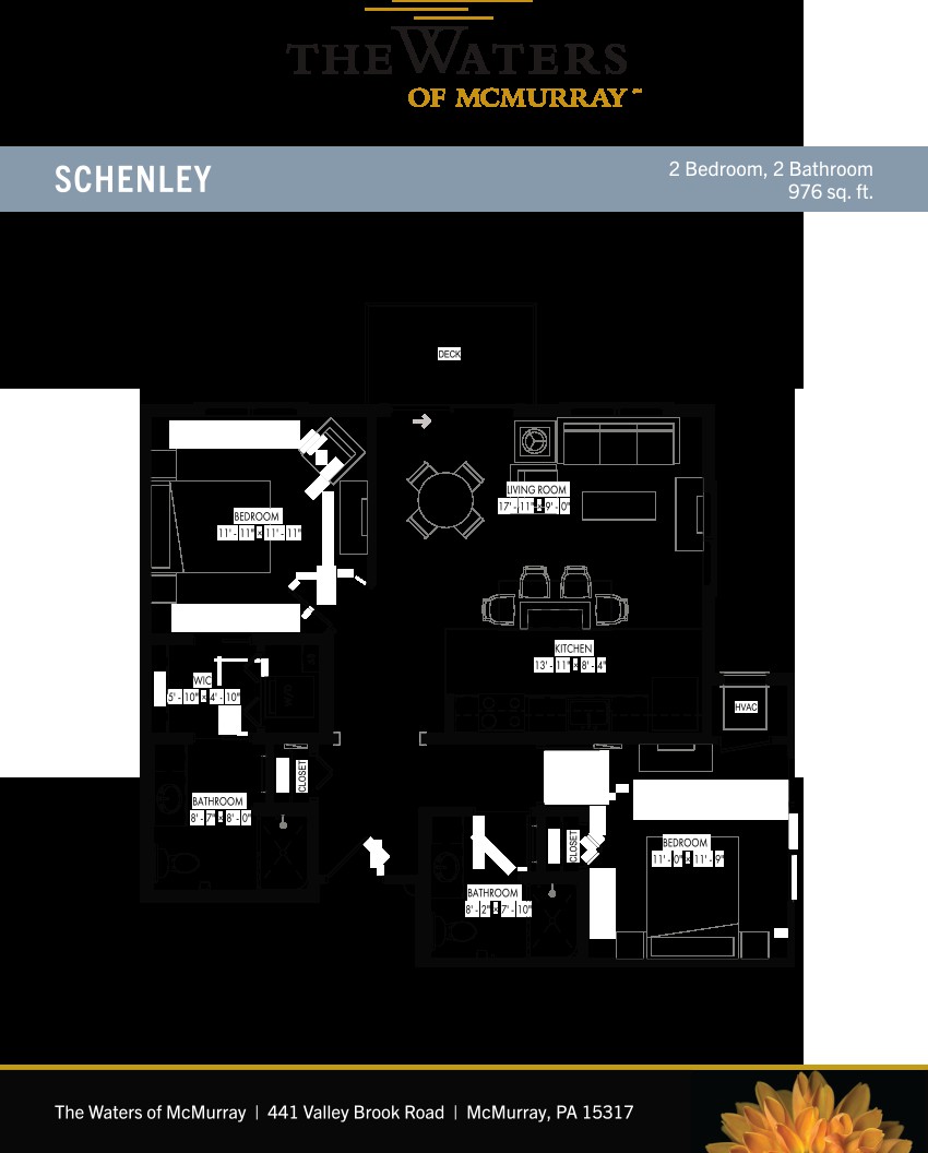Floor plan of a 2-bedroom, 2-bathroom apartment named 'Schenley'.
