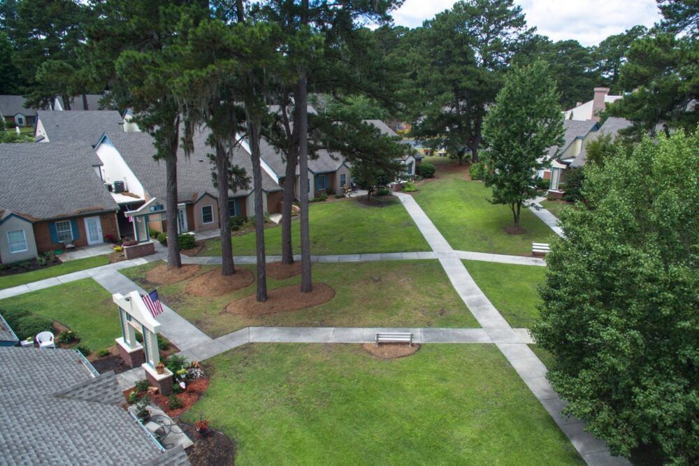 A peaceful residential neighborhood with houses and pathways surrounded by tall trees and greenery.