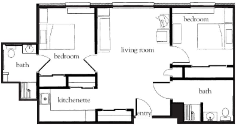 A simple floor plan featuring a bedroom, living room, kitchenette, and entry.
