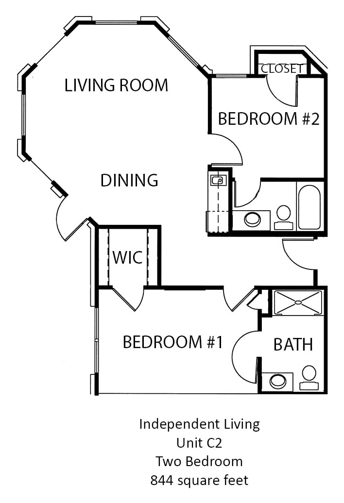A floor plan of a two-bedroom apartment with a living room, dining area, bathroom, and walk-in closet.