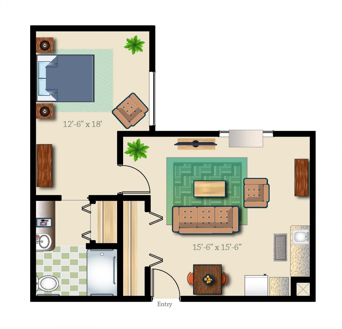 A floor plan of a one-bedroom apartment, showing the arrangement of the living room, kitchen, and bathroom.