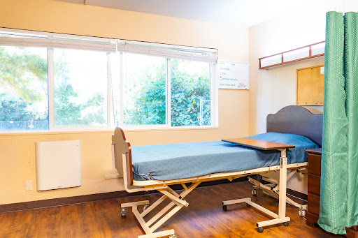 A hospital room featuring an adjustable bed and a window overlooking greenery.