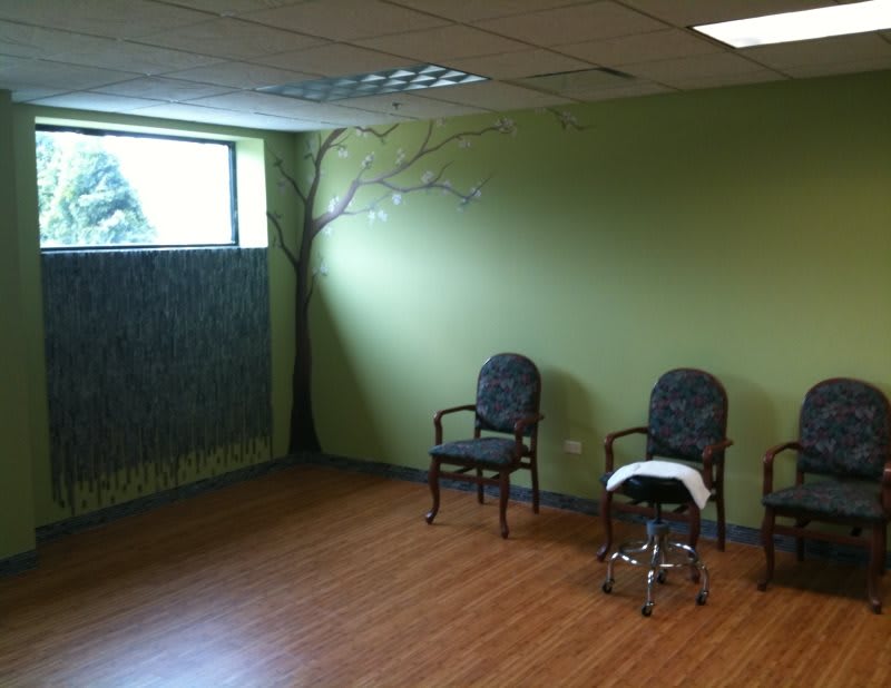 A quiet waiting room with green walls, wooden flooring, and three chairs.
