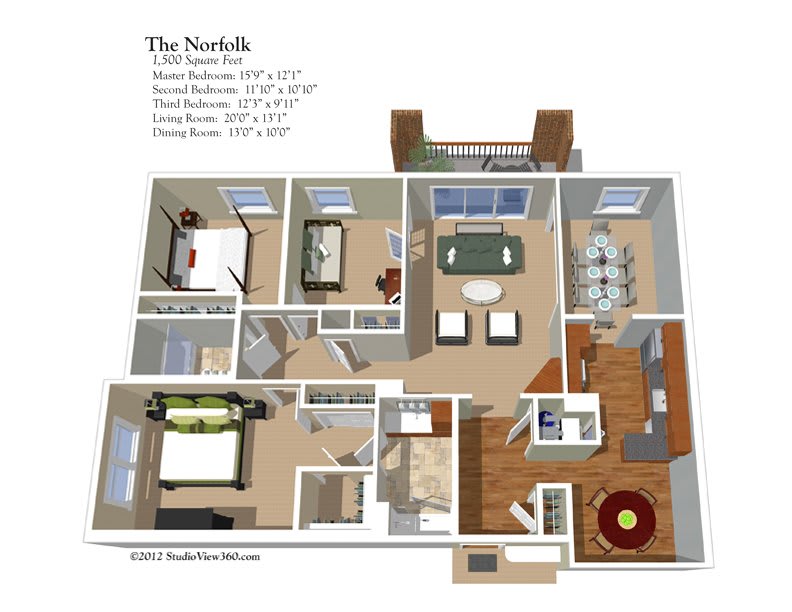 3D floor plan of the Norfolk apartment layout featuring multiple rooms and detailed interior design.