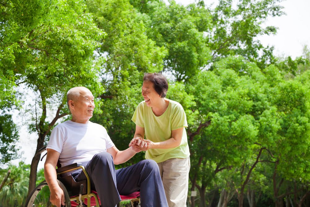 A caregiver assists an elderly person in a wheelchair outdoors in a park setting.