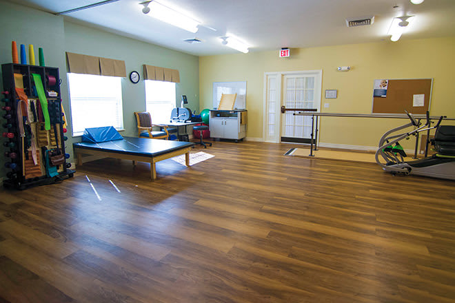 A therapy room with exercise equipment and wooden flooring.