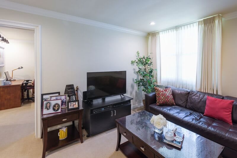 A cozy living room with a television, sofa, and coffee table, adorned with decorative items and plants.