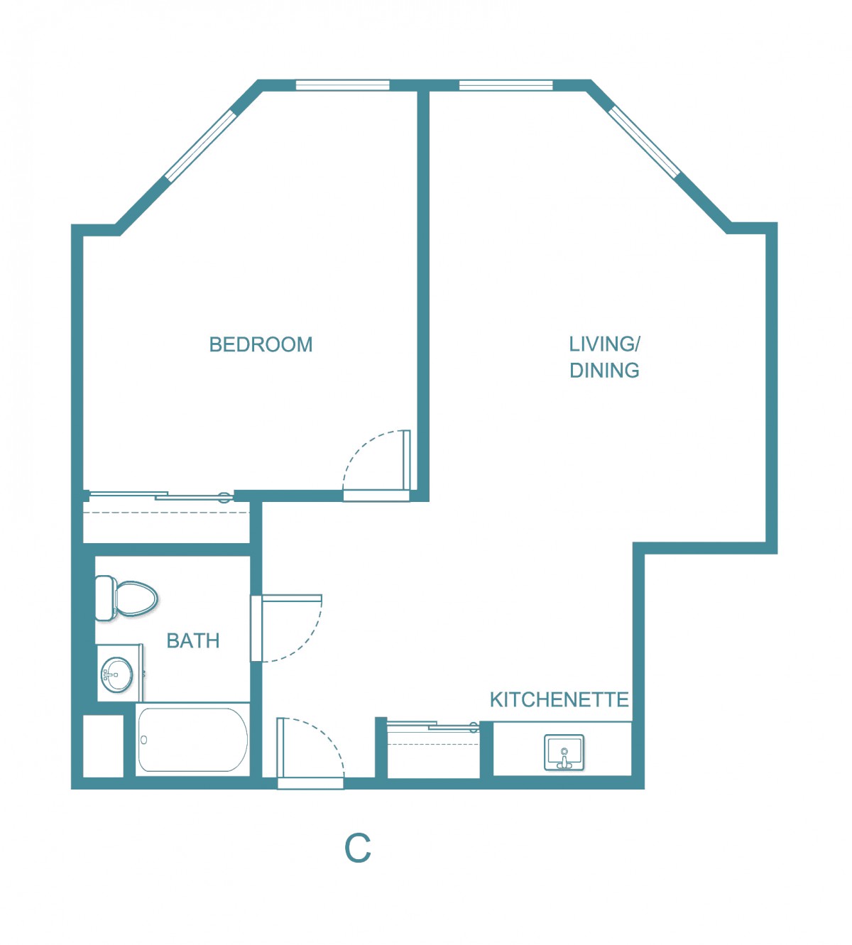 A floor plan layout showing a one-bedroom apartment with a bathroom, kitchenette, and combined living and dining area.