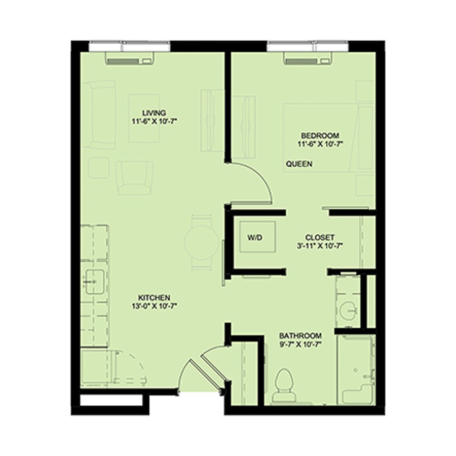 A floor plan of a one-bedroom apartment layout featuring living room, kitchen, and bathroom.