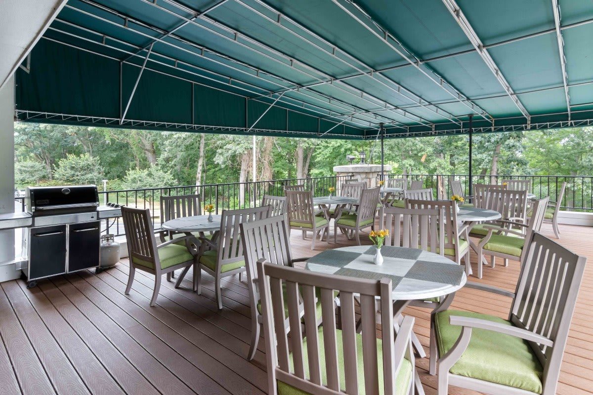 A peaceful outdoor patio with wooden tables and chairs under a green canopy, surrounded by lush greenery.