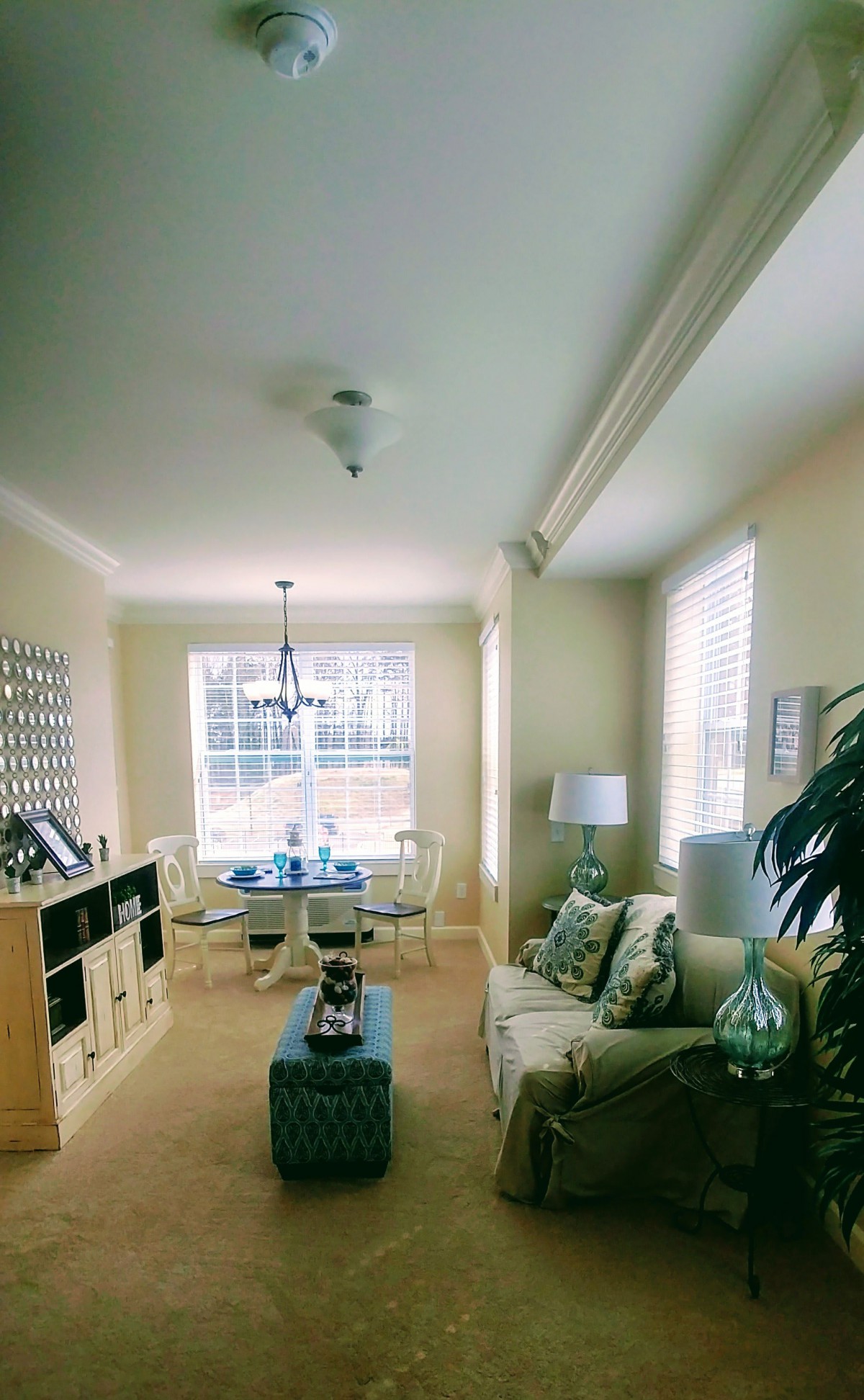 A cozy living and dining space with natural light, featuring a sofa, a dining table, and stylish decor.