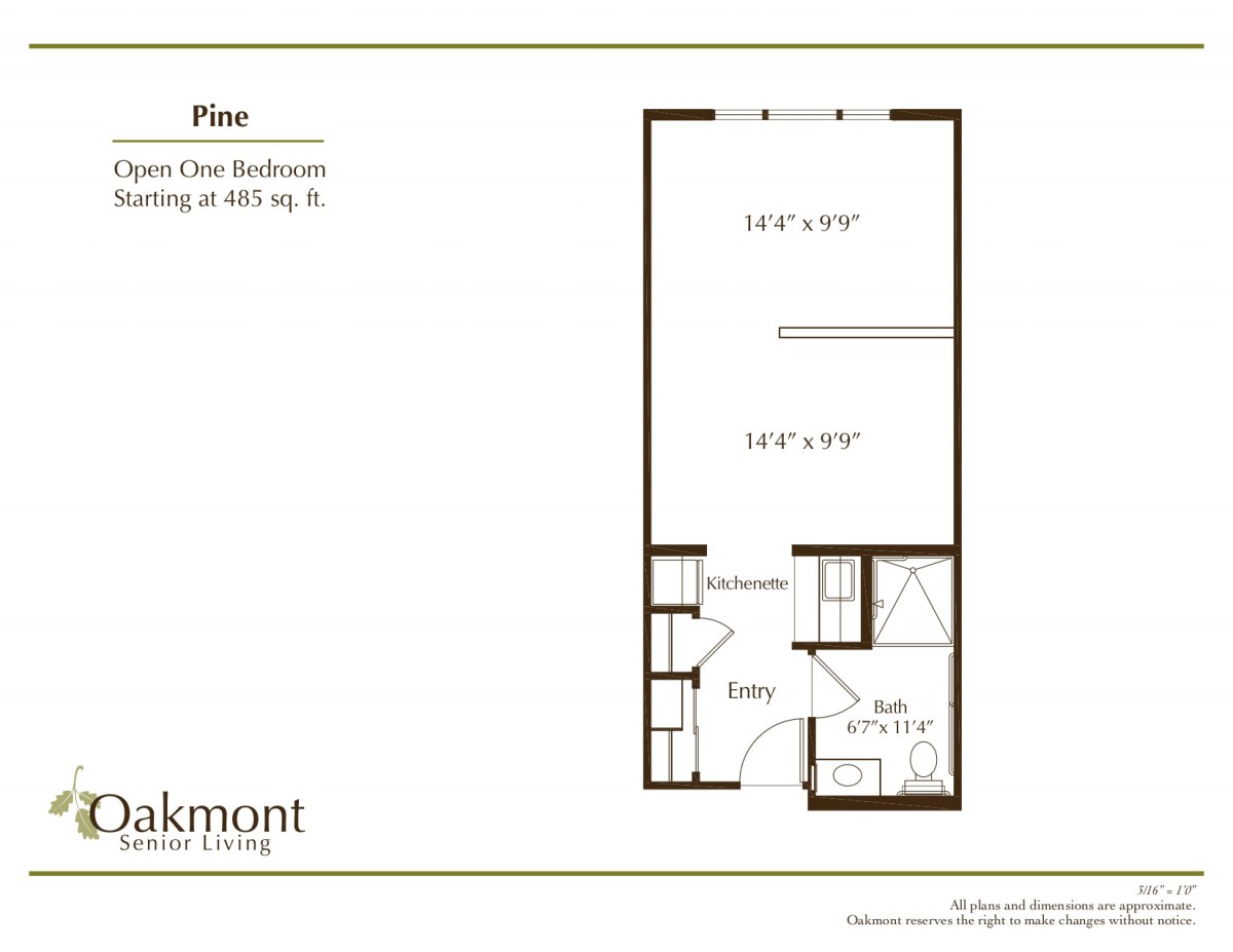 Floor plan of a studio apartment with designated living and kitchen areas.