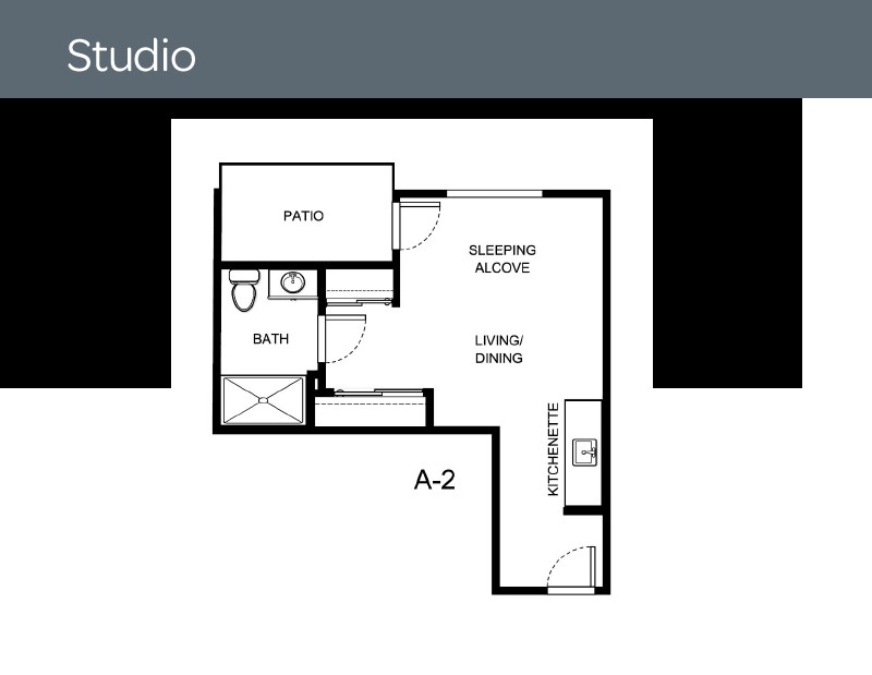 Studio apartment floor plan with living/dining area, sleeping alcove, kitchen, patio, and bathroom.