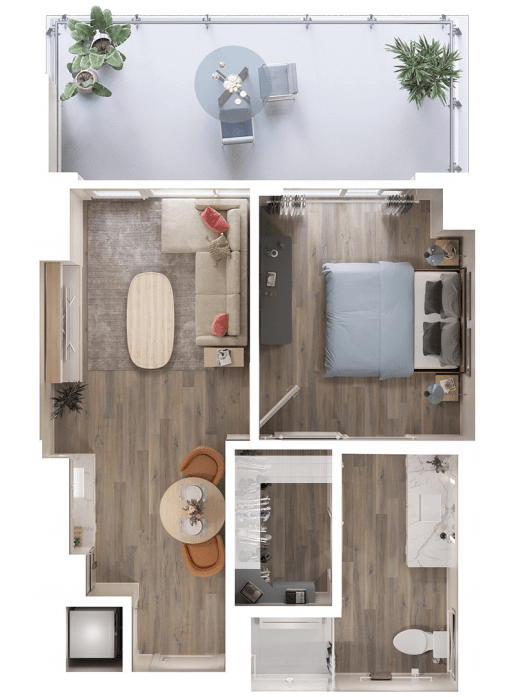 A detailed floor plan of a modern apartment showcasing the layout of a living room, bedroom, and kitchen.