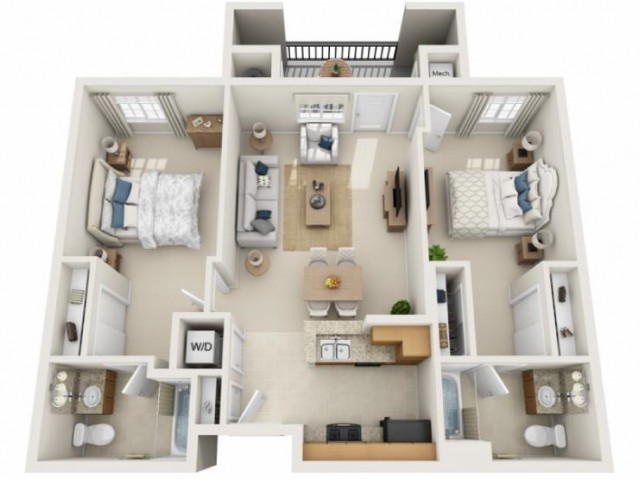 A 3D floor plan of a two-bedroom apartment with a living room, kitchen, and bathrooms.