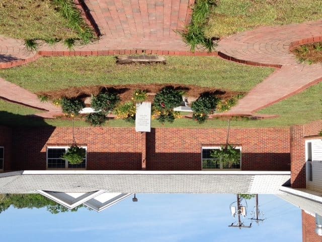 A well-maintained garden with a brick pathway surrounded by flowers and greenery.