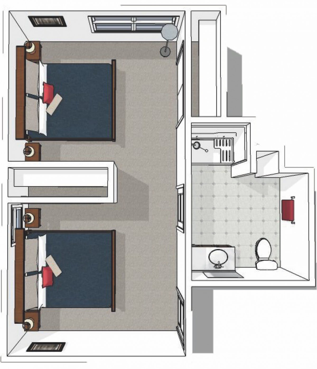 A detailed floor plan showing two bedrooms and a bathroom.