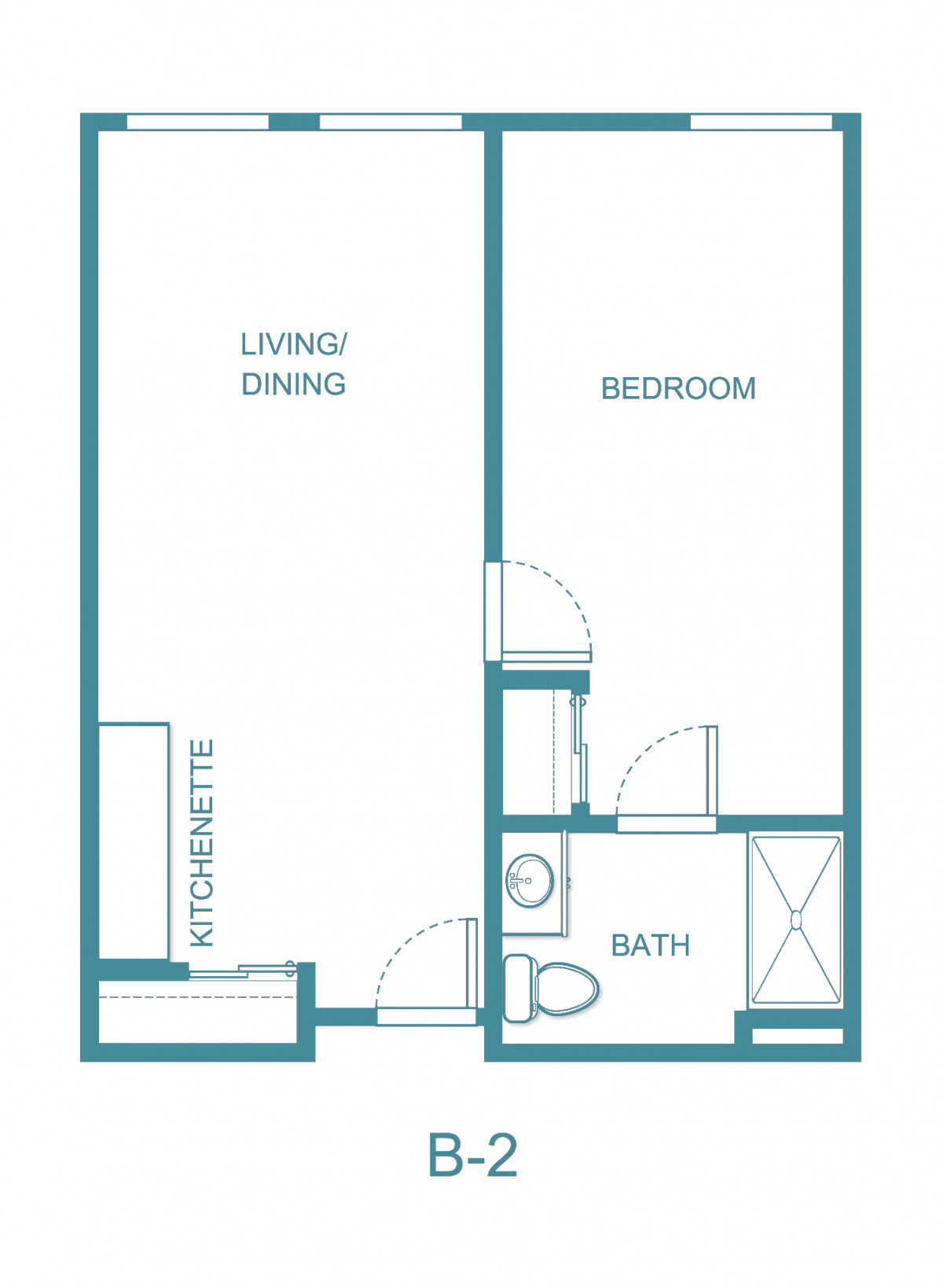 A one-bedroom apartment floor plan with a living/dining area, kitchenette, bathroom, and separate bedroom.