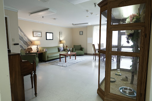 A cozy lounge area featuring green sofas, a wooden display case, and ambient lighting, creating a welcoming atmosphere.